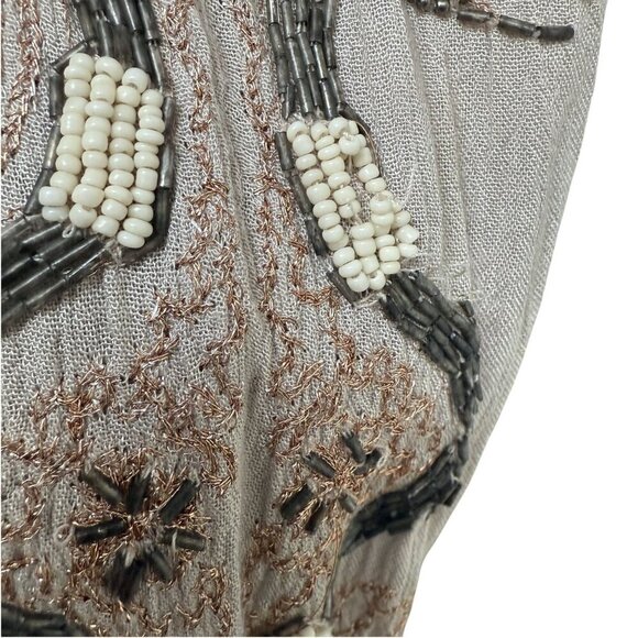 FREE PEOPLE Flowy Blouse XS Oversized Rayon Long Sleeve Boho Top Beaded Beige - Picture 9 of 14